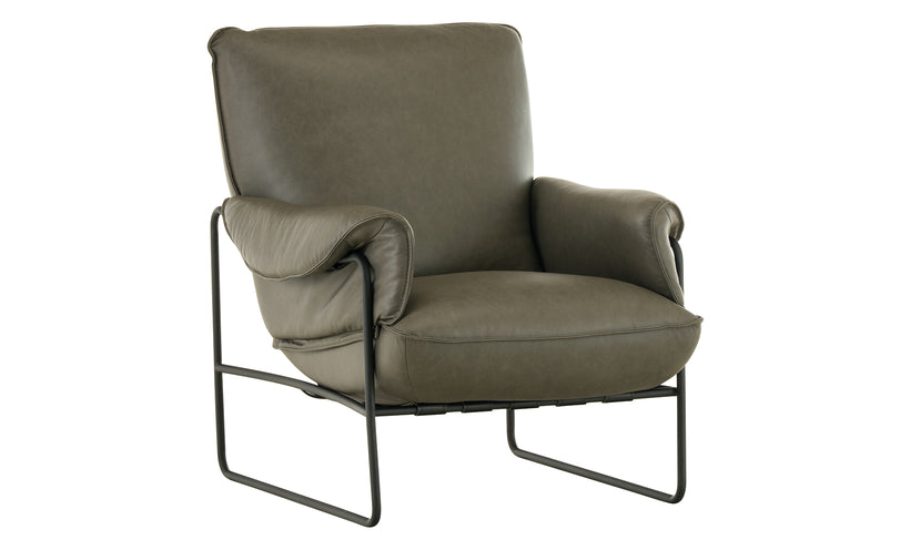 Green armchair with black metal frame on a white background